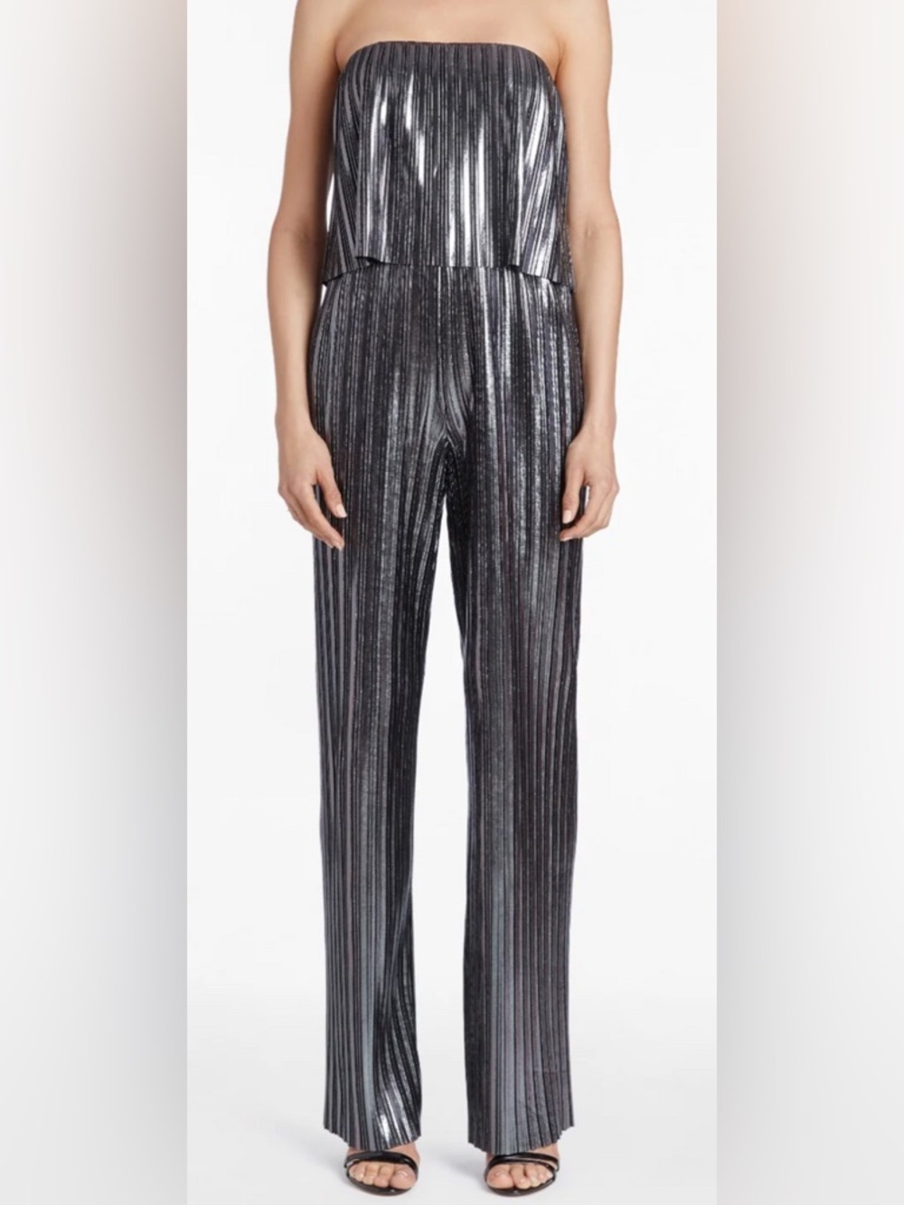 NWT AMANDA UPRICHARD Collina Pleated Strapless Jumpsuit Silver Gunmetal XS